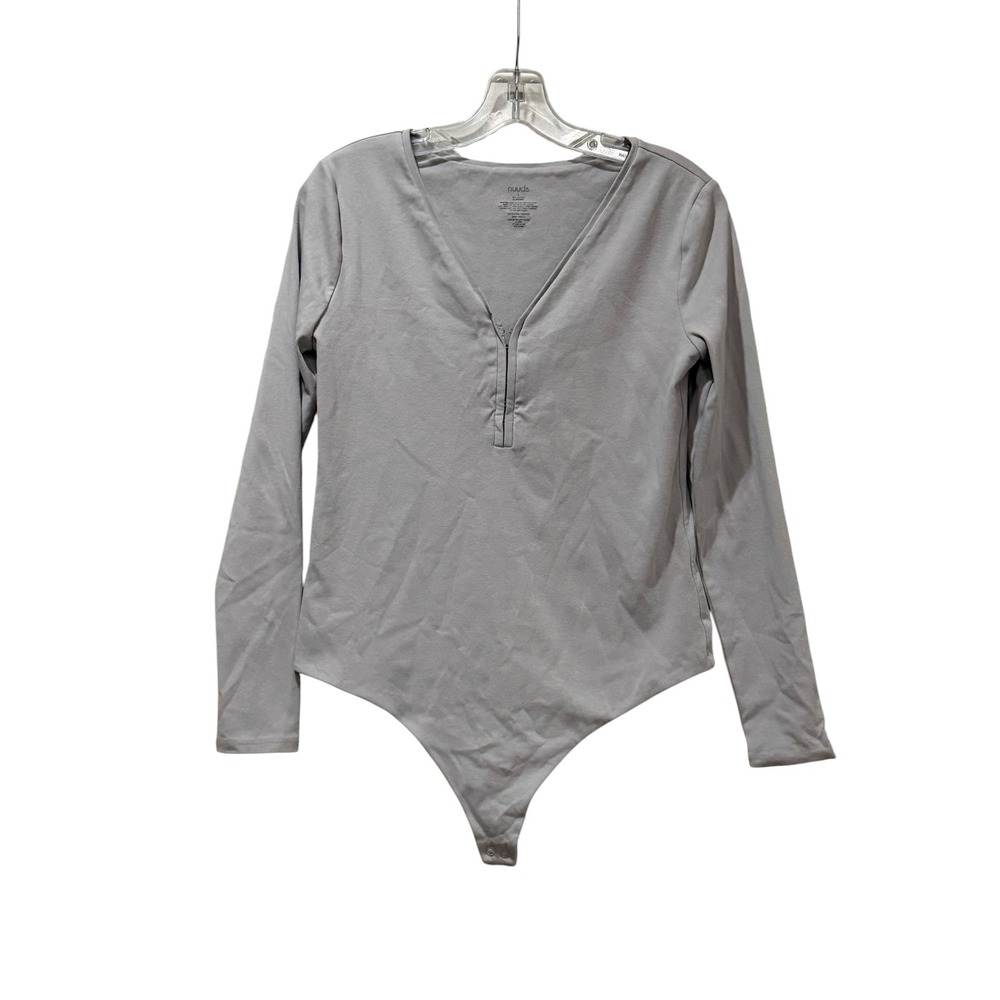 Nuuds Womens Long Sleeve V-Neck Ribbed Bodysuit Slate Grey Large Hook & Eye Snap